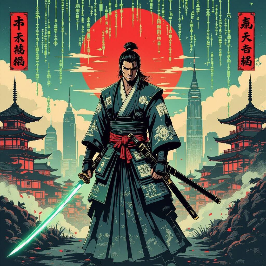 Samurai Neo in Ukiyo-e Style with Neon Code