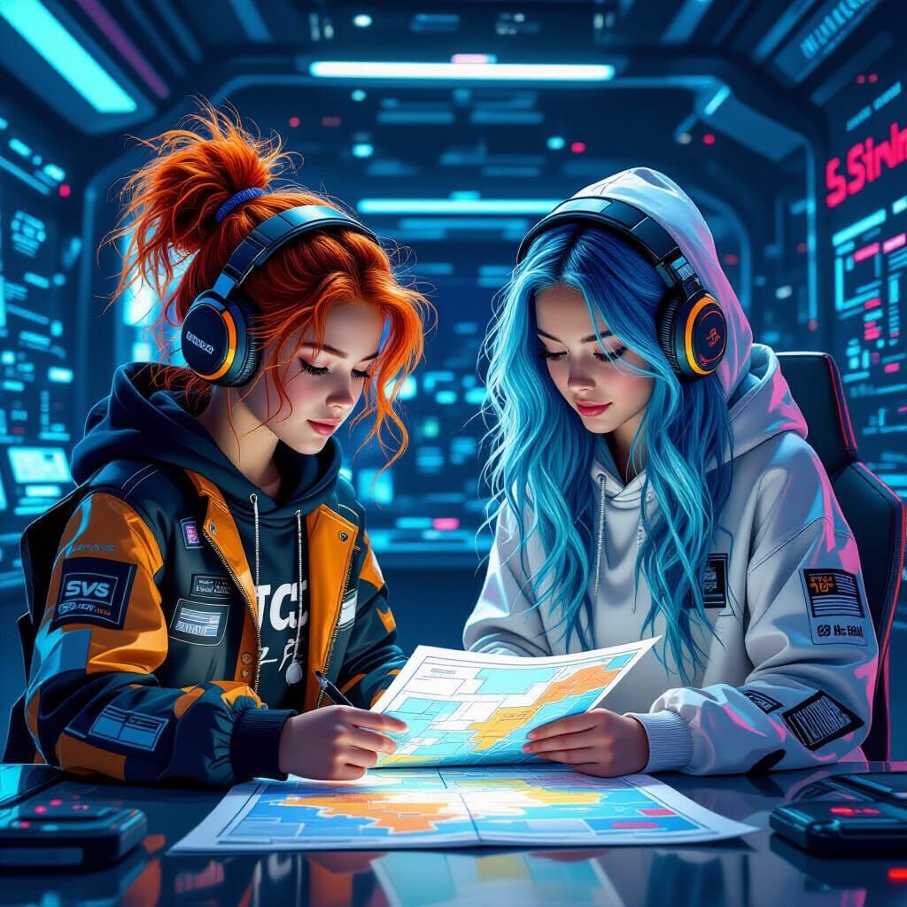 Girls Study Map in High-Tech Room as Digital Art