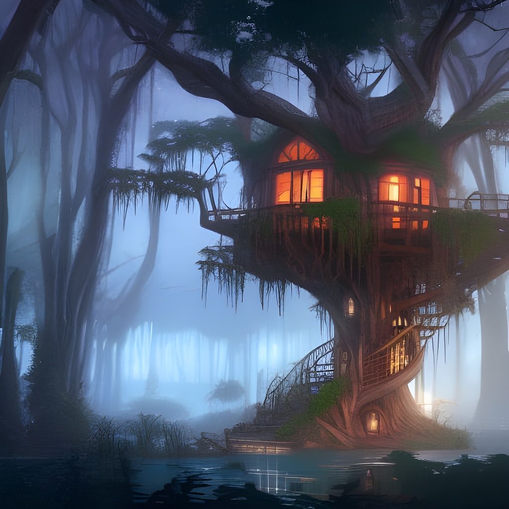 Fantastical Swamp Tree House at Night