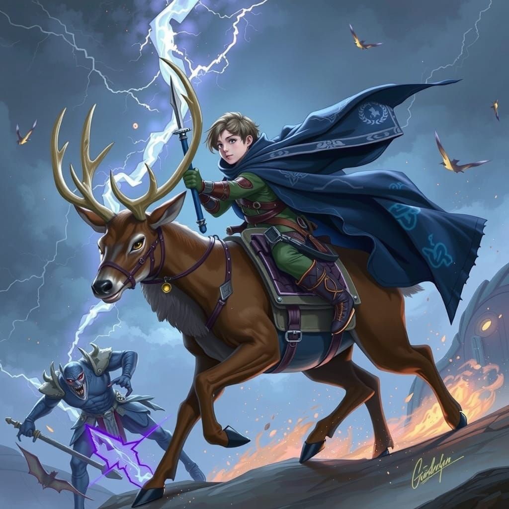 Warrior Boy on Mystical Deer Slaying Demons