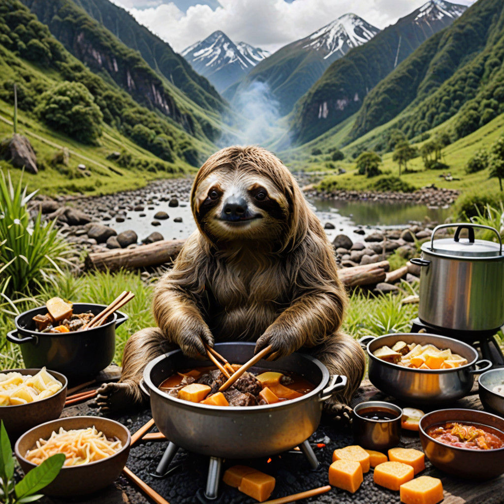 Sloth Enjoying Hot Pot in Mountain Campsite