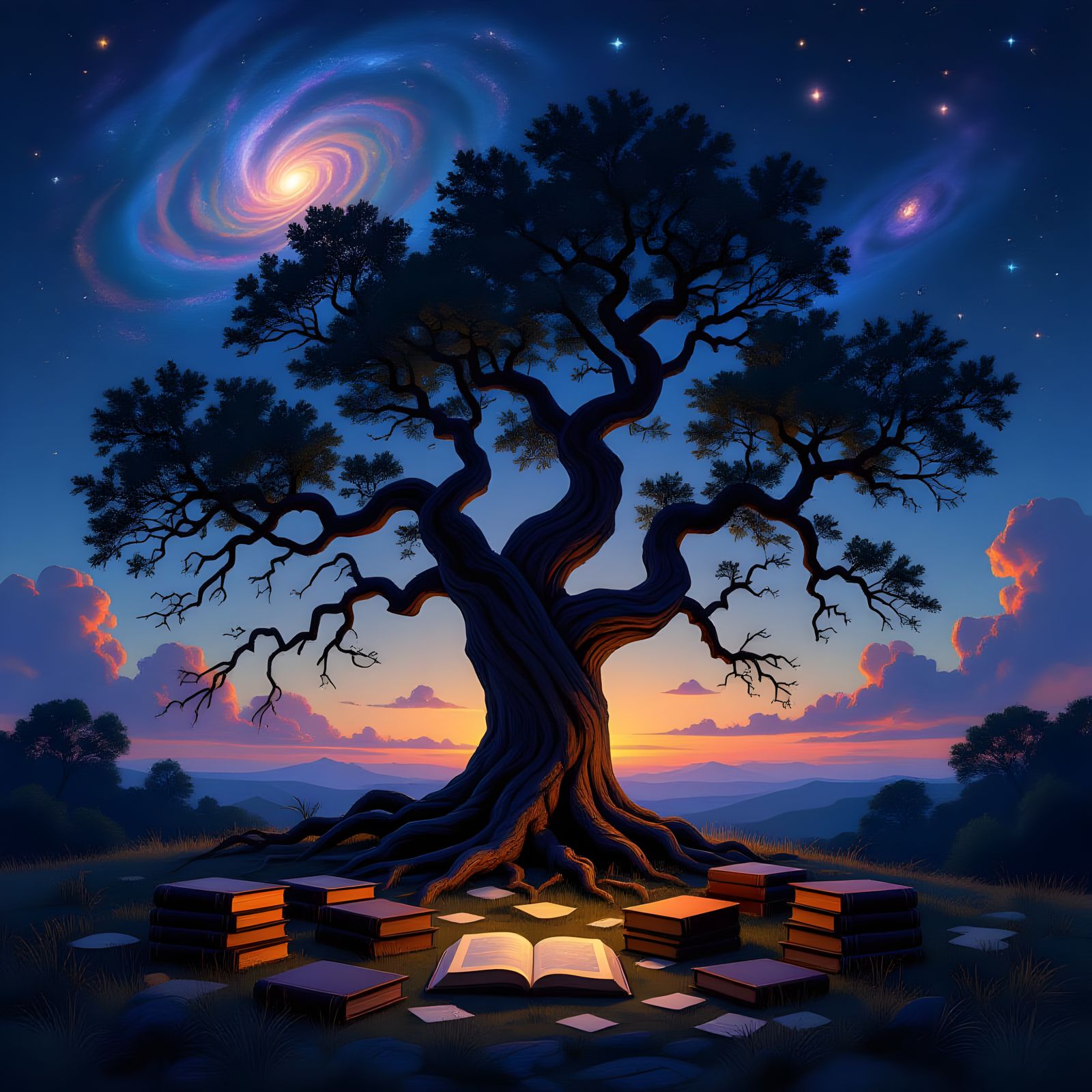 Ancient Oak Tree Under Cosmic Sky