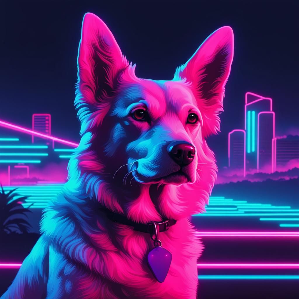 Neon Aesthetic Dog in Synthwave Retro Style