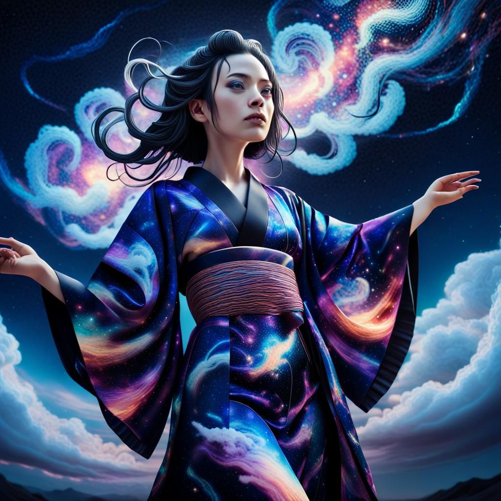Woman in Galaxy Kimono: Cosmic Surrealist Art