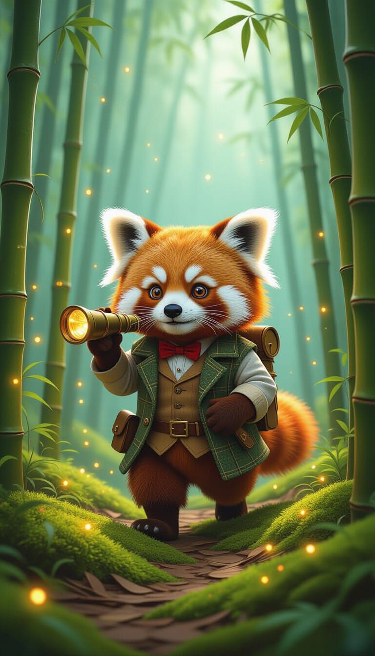 Red Panda Explorer in Enchanted Bamboo Forest