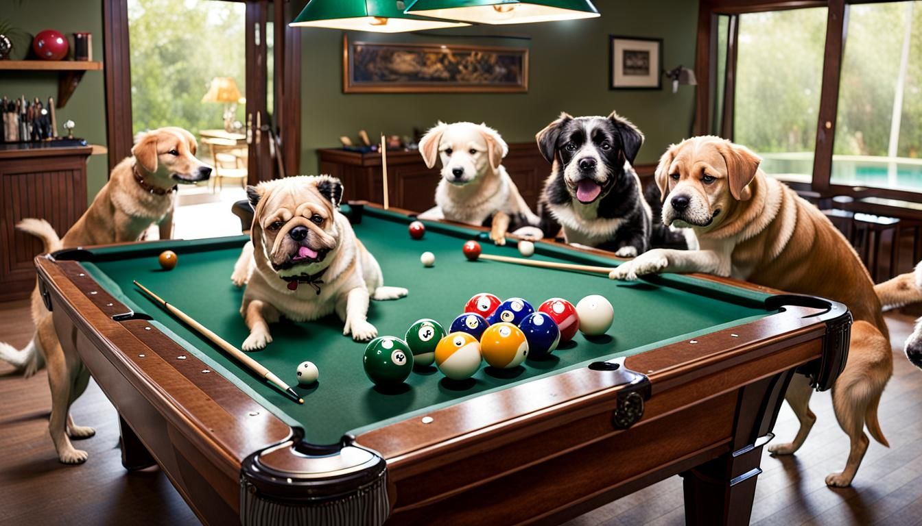 Dogs Playing Billiards at a Pool Table