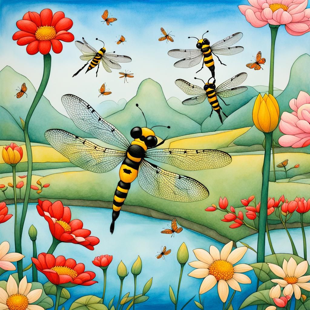 Bird in Colorful Garden with Chinese Ink Brush Style