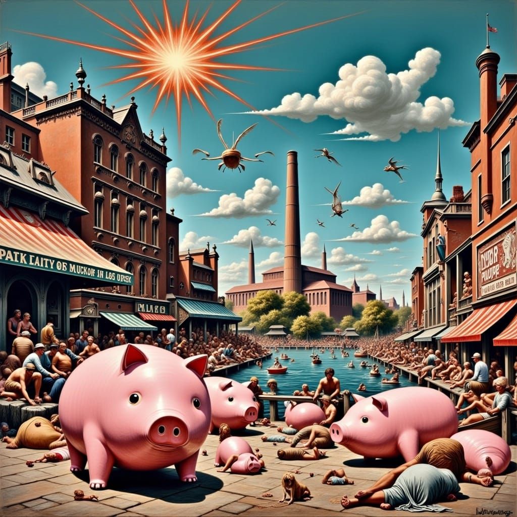 Surreal Battersea Power Station in Underground Comix Style