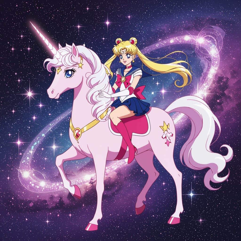 Sailor Moon Rides Pink Unicorn Through Cosmic Rings