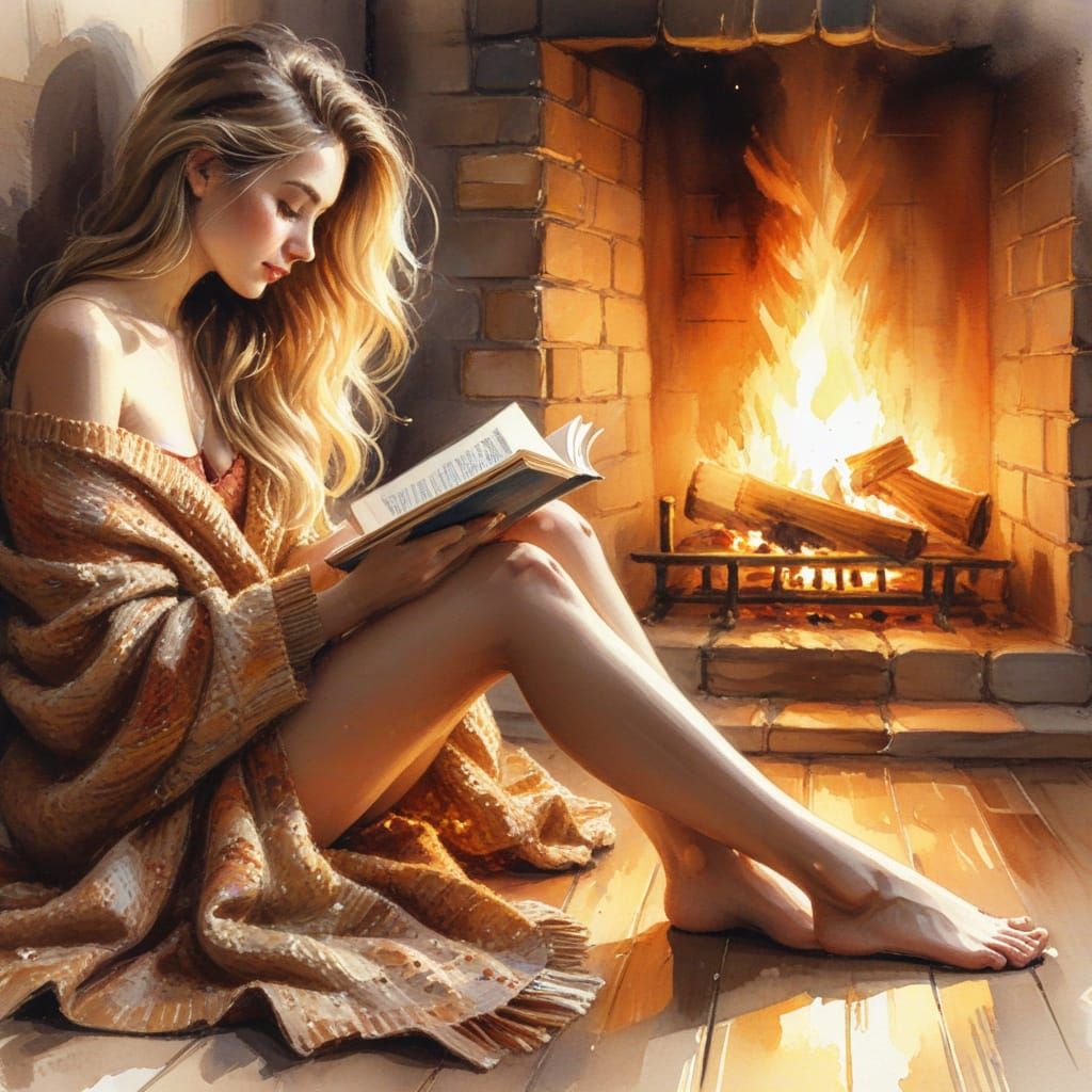 Cozy Watercolor Sketch of Woman Reading by Fire