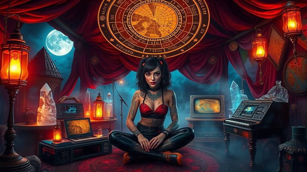 Steampunk Fortune Teller in Mystical Caravan, Oil Painting