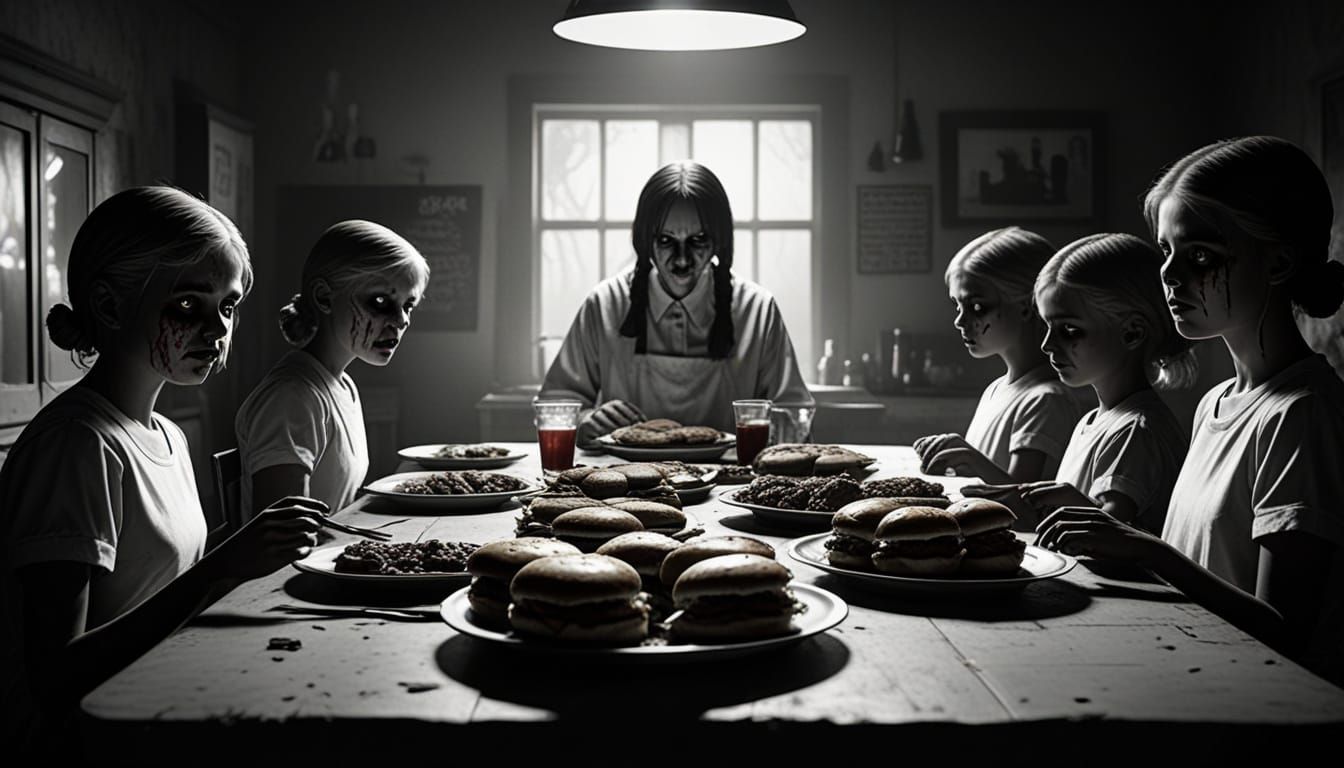 Macabre Burger Feast with Demonic Spirits in Gritty Film Sty...