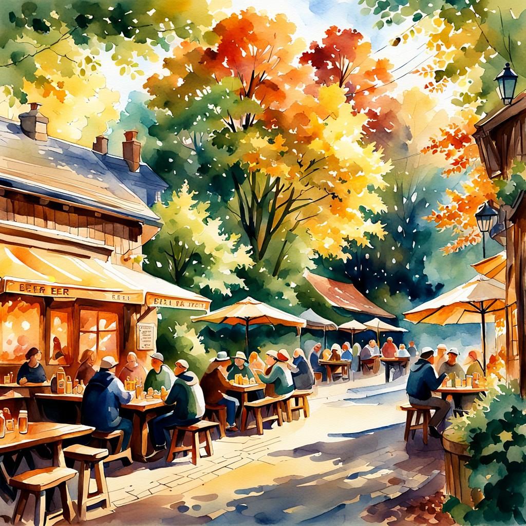 Idyllic Beer Garden Watercolor Illustration with Fall Foliag...