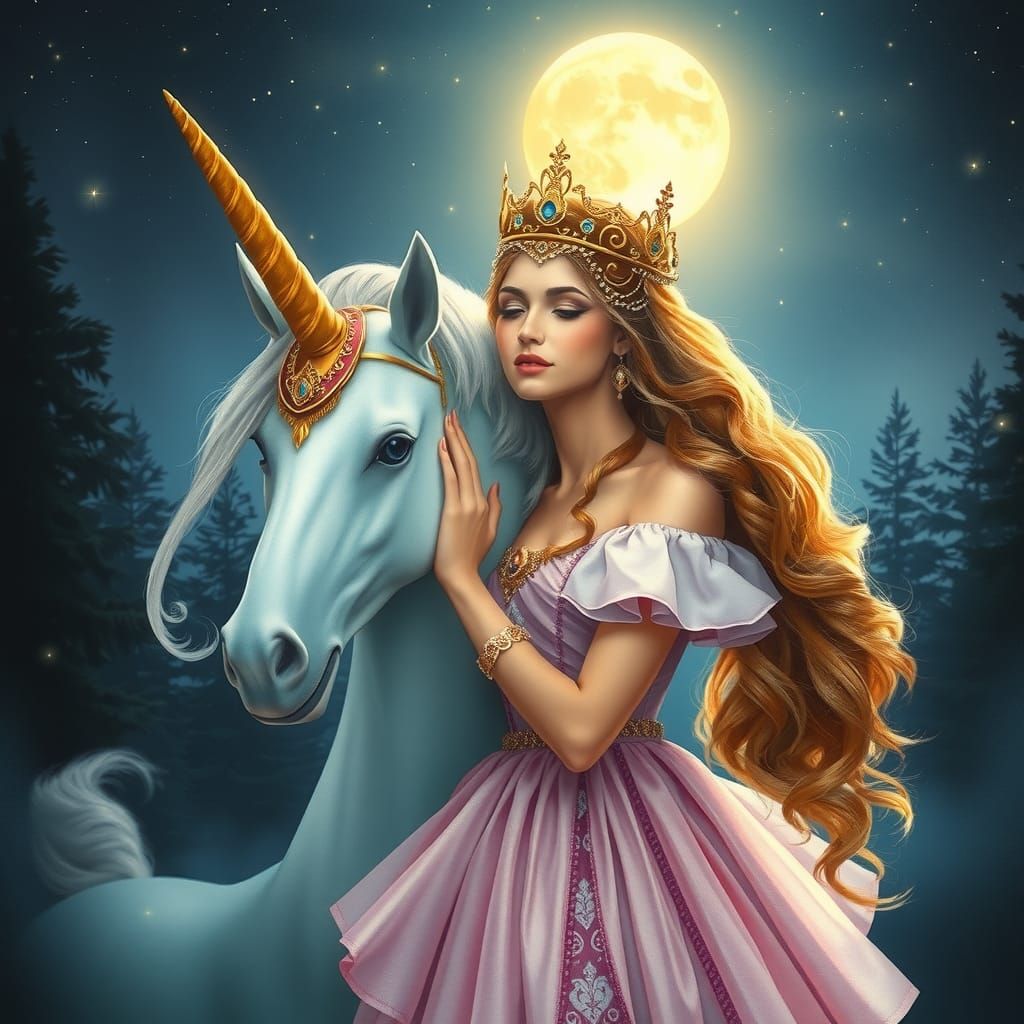 Medieval Princess and Unicorn in Watercolor Style