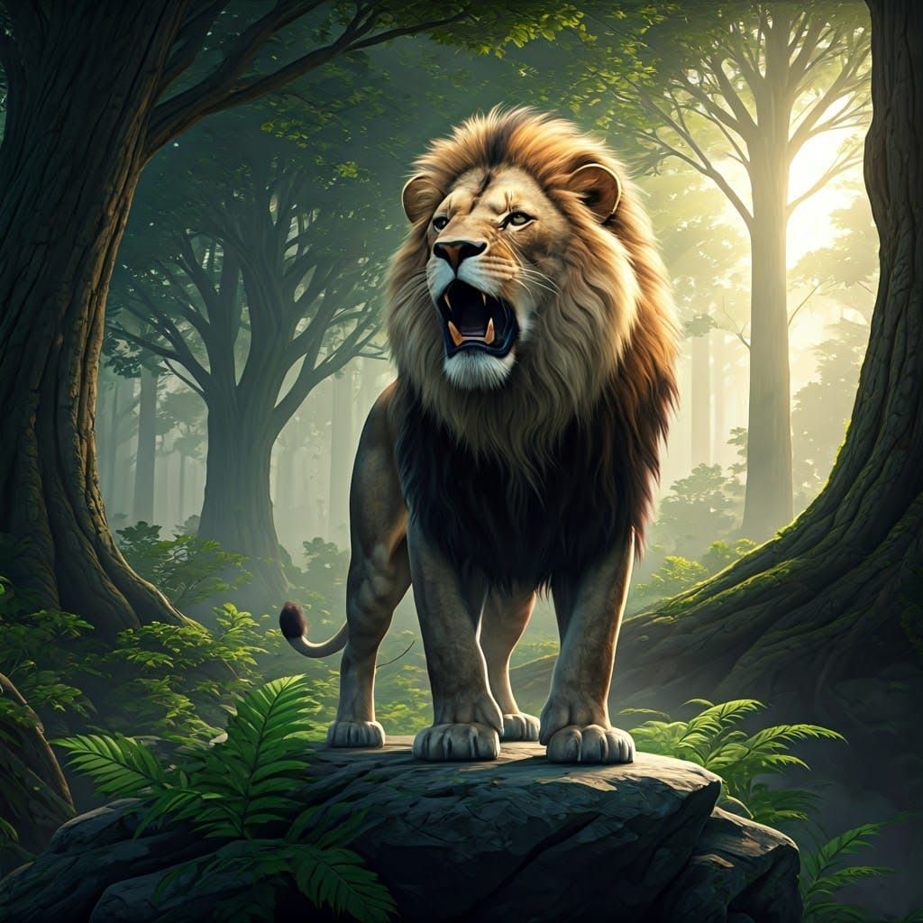 Majestic Lion Roaring in Misty Forest, 3D Render