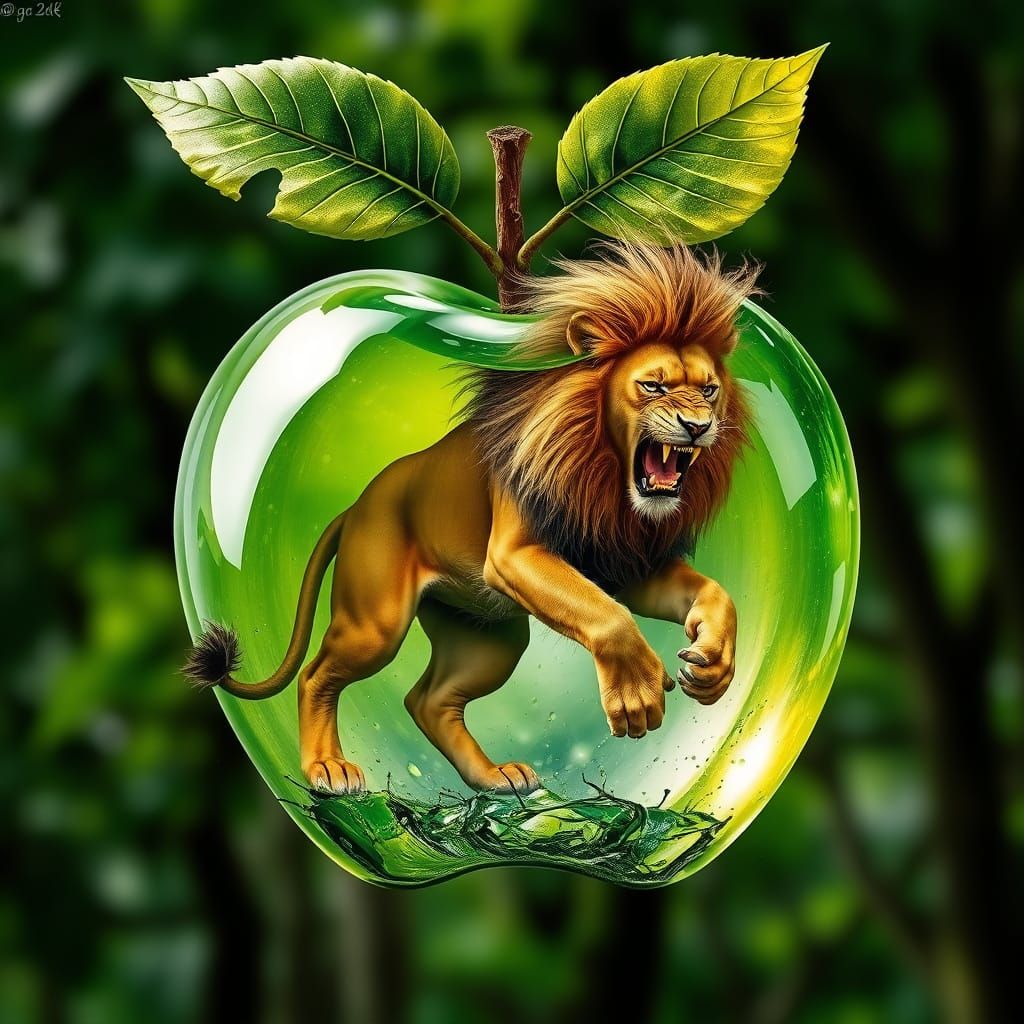 Furious Lion Trapped Inside Crystal Apple Tree in Vibrant Ra...