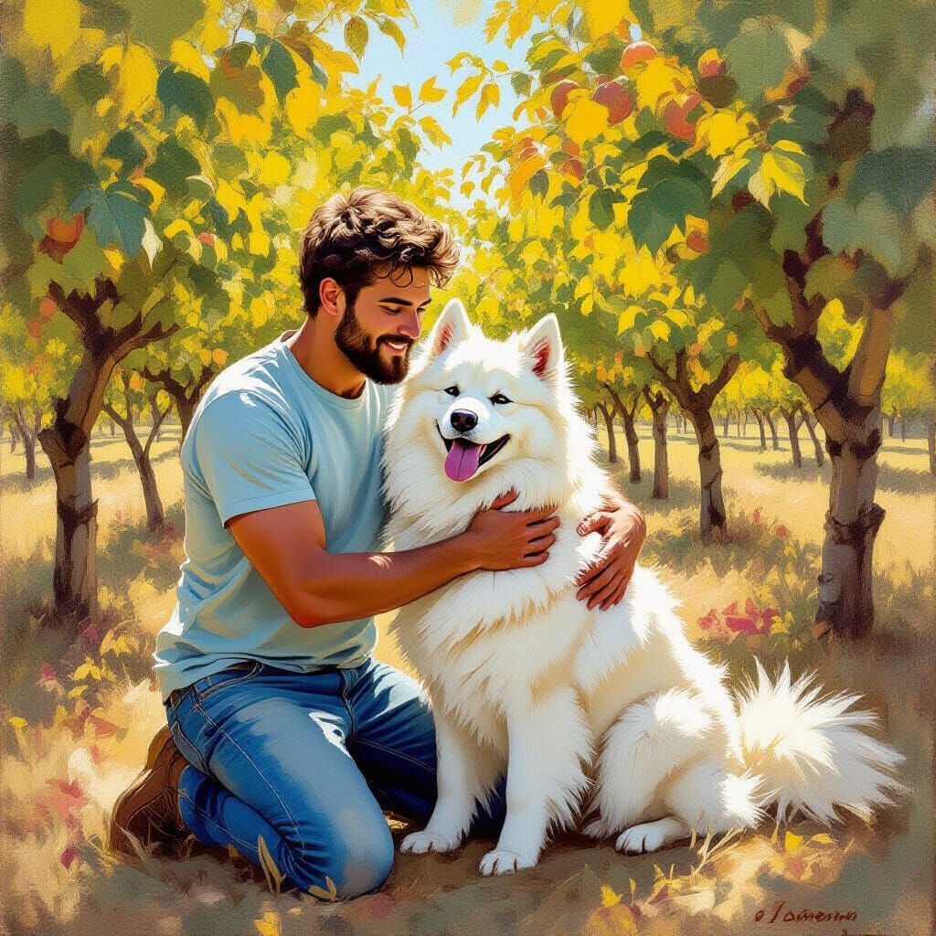 Man and Samoyed in Orchard, Oil Painting Style