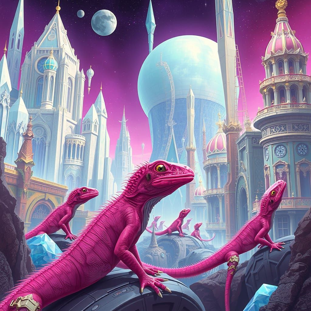 Alien City Inhabited by Pink Lizard Humanoids