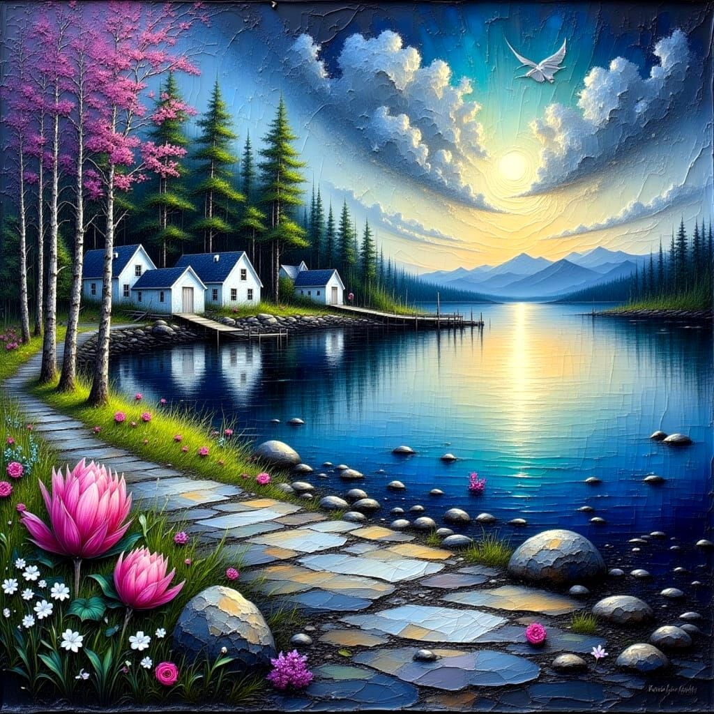 Muted Spring Harbor Scene in Impasto Oil Painting Style