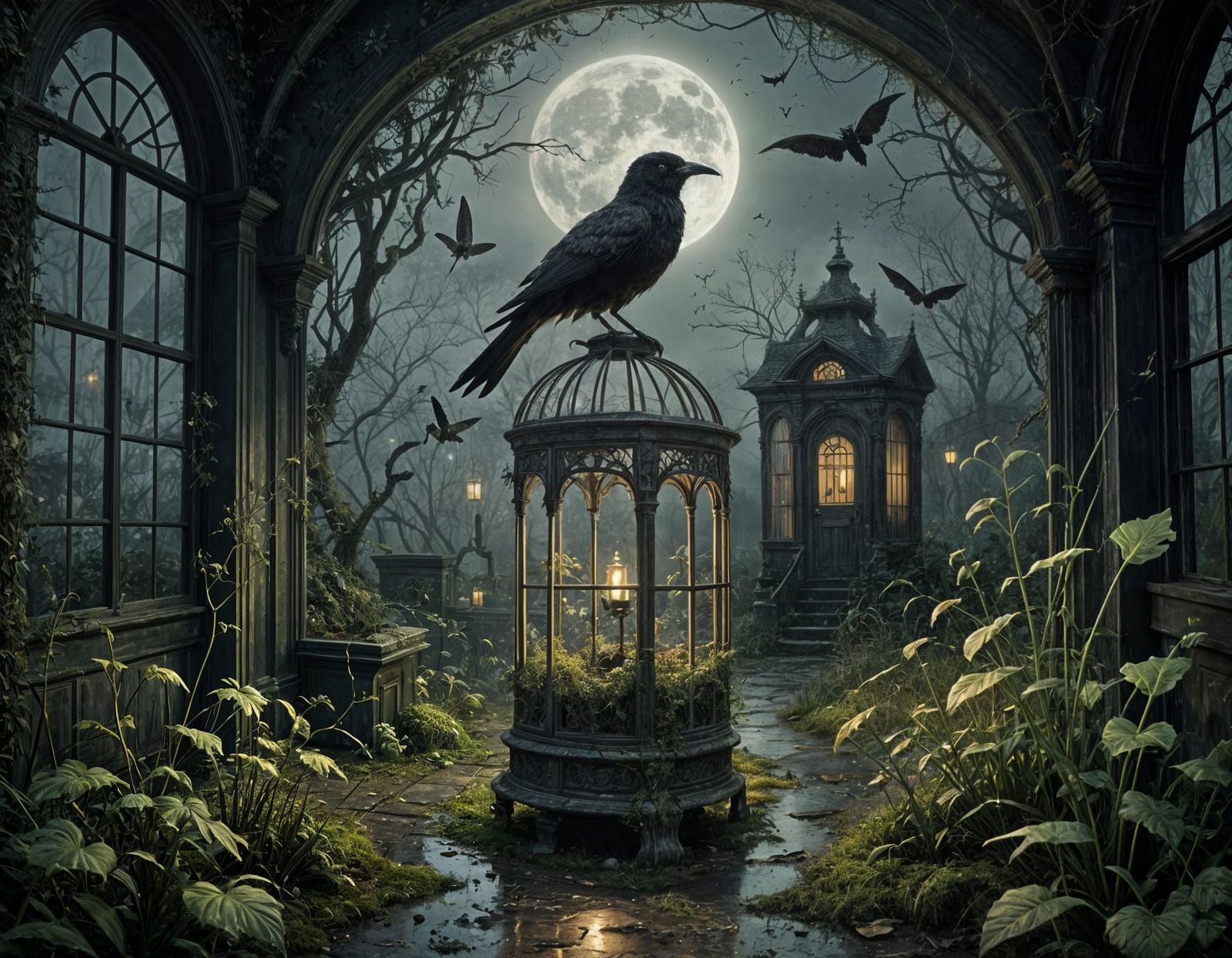 Eerie Post-Apocalyptic Garden in Dark Fantasy Style