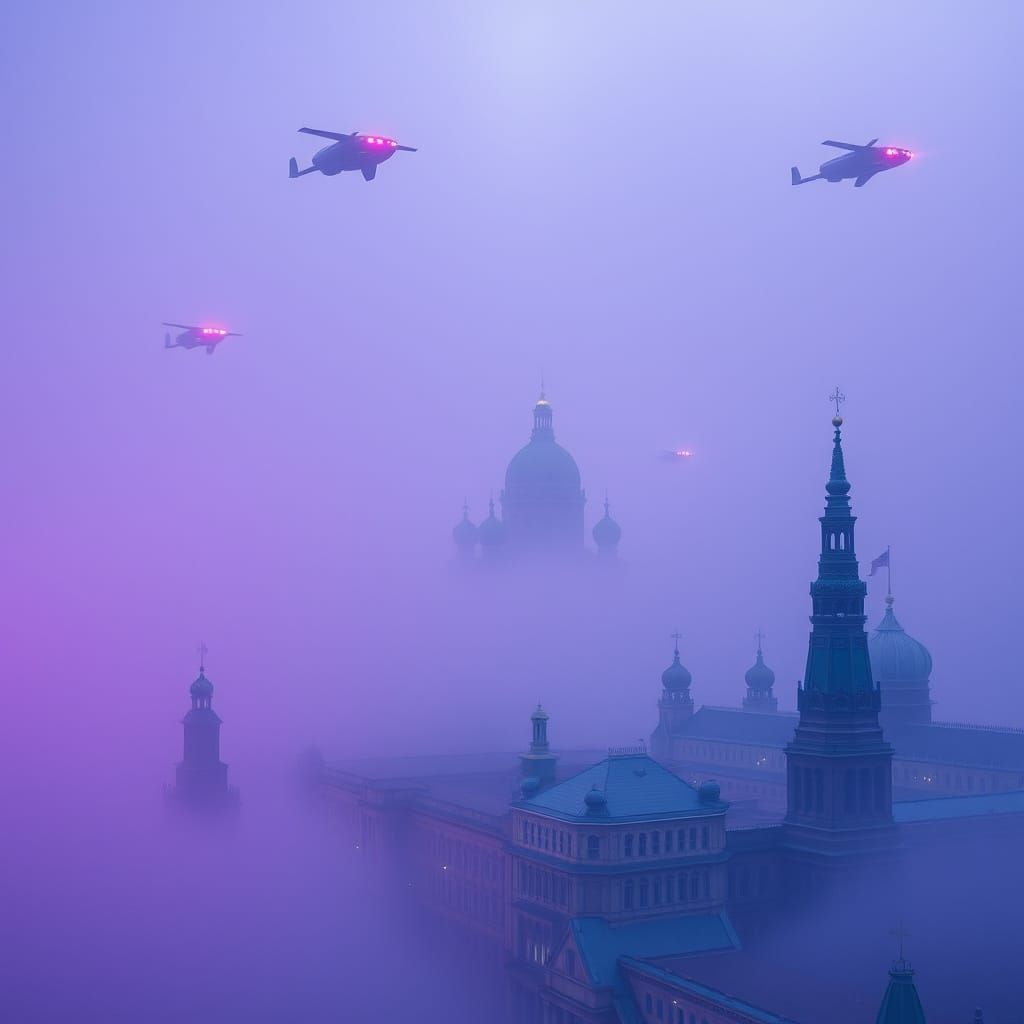 Futuristic Saint-Petersburg in Purple Fog, Cyberpunk Style