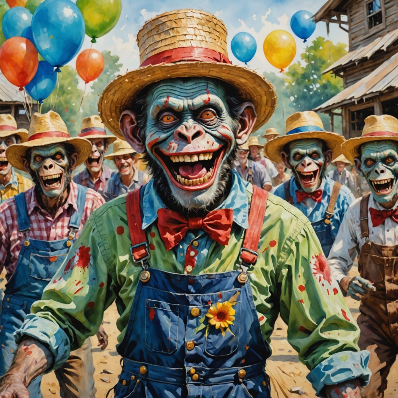 Zombie Monkey Clown Square Dancer in Gouache Style