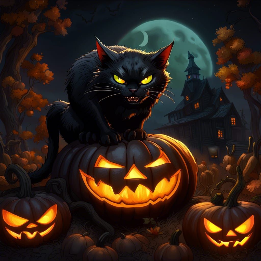 Hissing Black Cat on Jack-o'-Lantern, Dark Fantasy Art