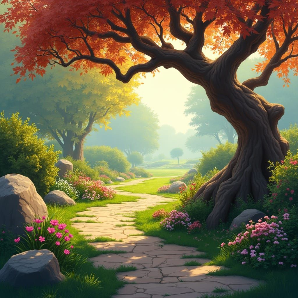 Serene Garden Path Digital Painting With Autumn Tree