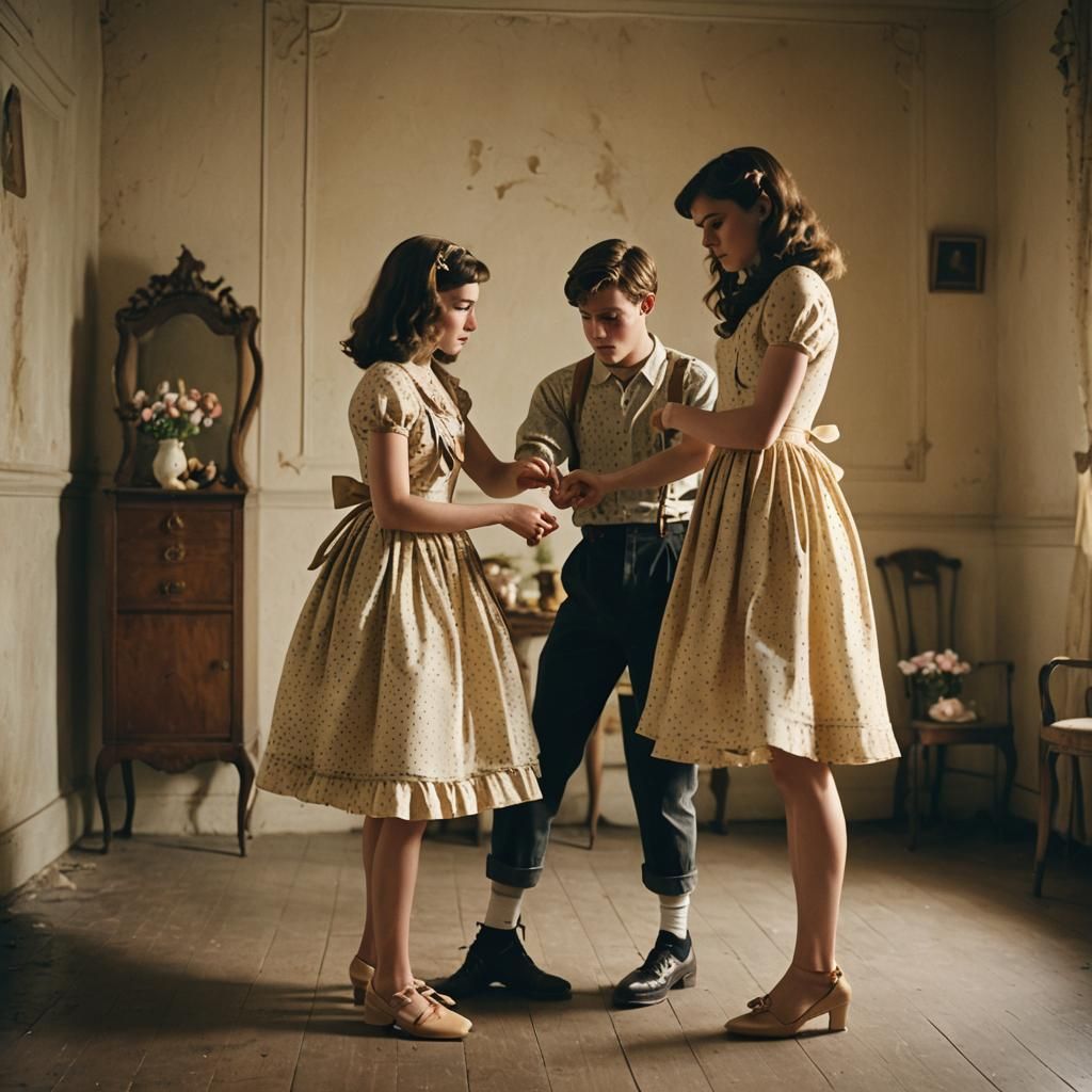 Girl Adjusting Ribbon on Boy's Dress in Film Still