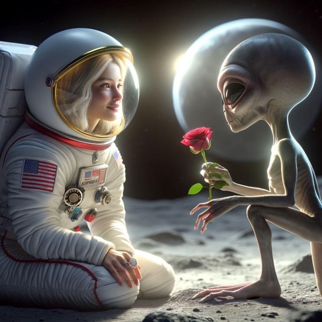 Astronaut and Alien Share a Tender Moment on the Moon