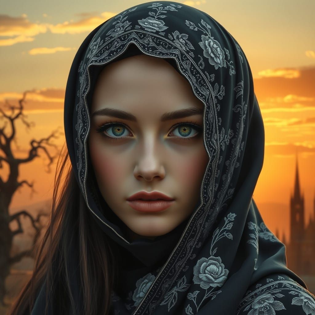 A portrait of a beautiful young gothic Russian lady in sunse...