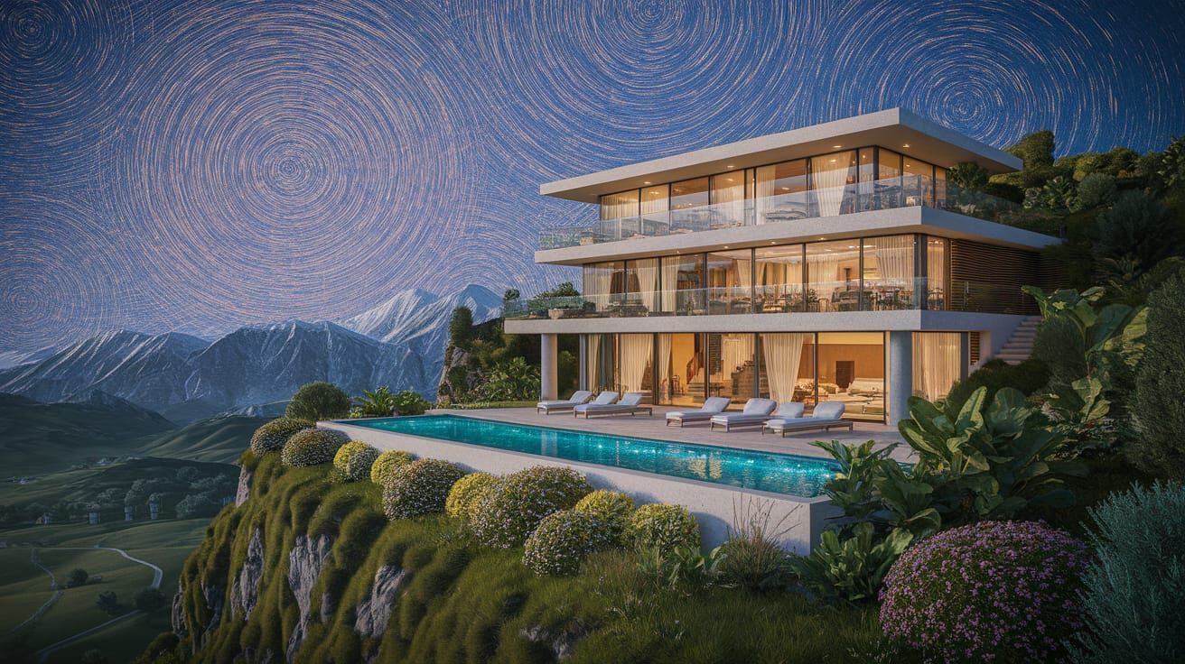 Modern Mountain House with Pool and Cars in Oil Painting Sty...