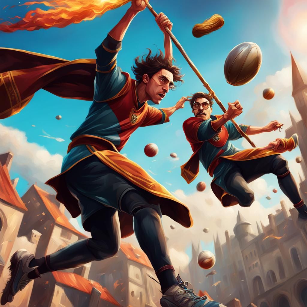 Quidditch players in the air