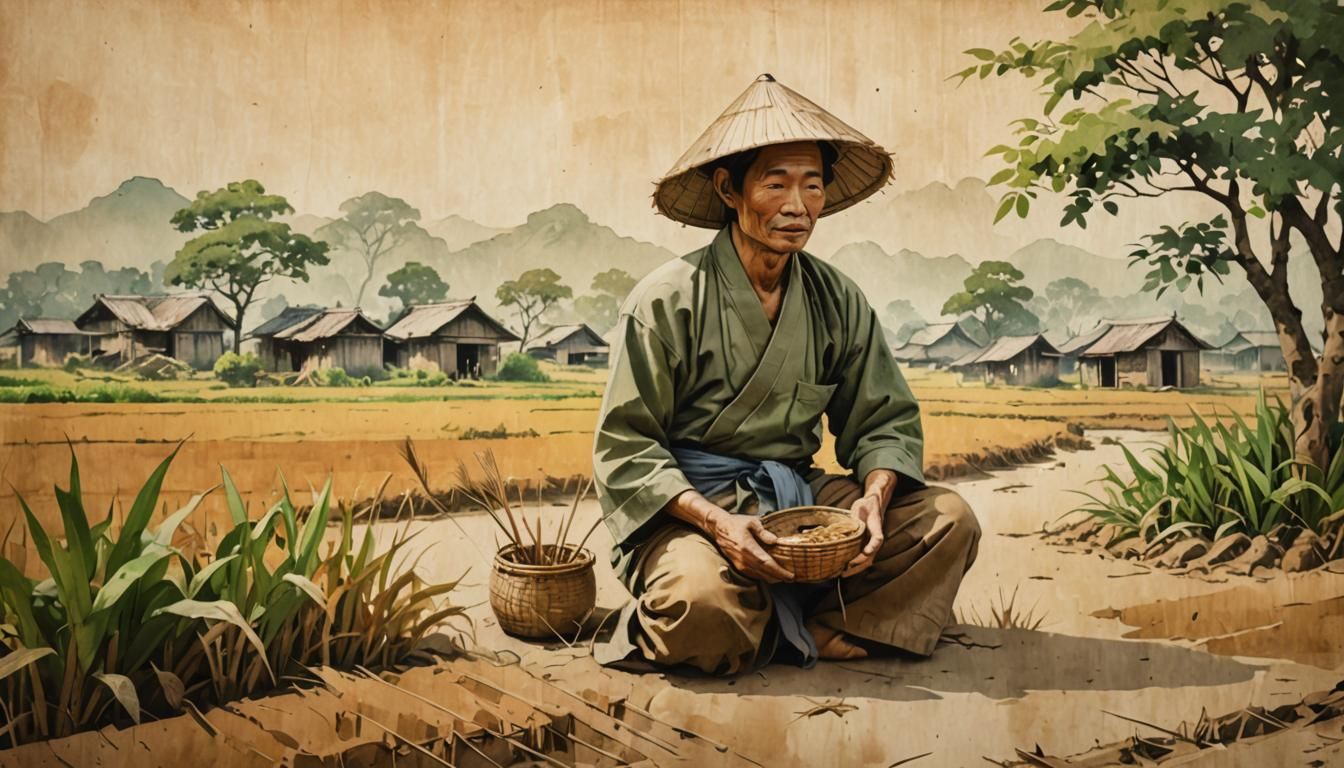 Serene Rural Scene with Vietnamese Farmer