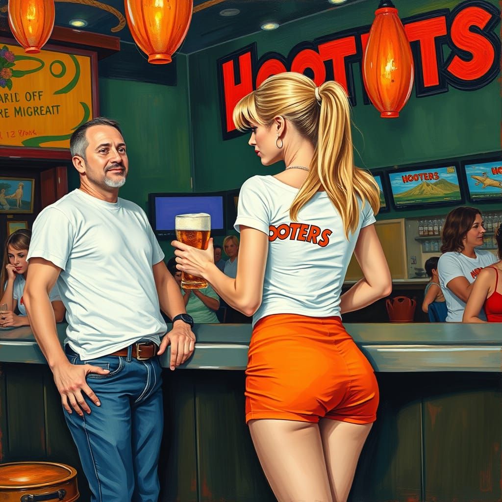 Waitress at Hooters Bar: Abstract Expressionist Painting