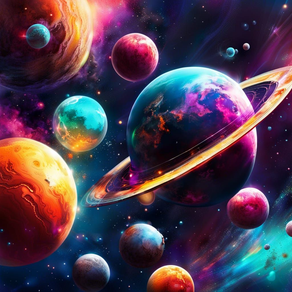 Colorful Outer Space Scene with Planets and Spaceships