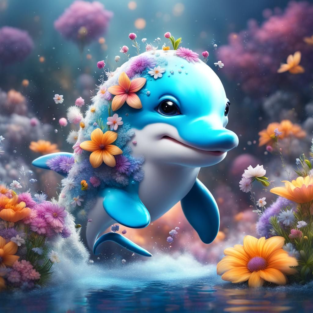 Colorful Space Dolphins with Fantasy Flowers
