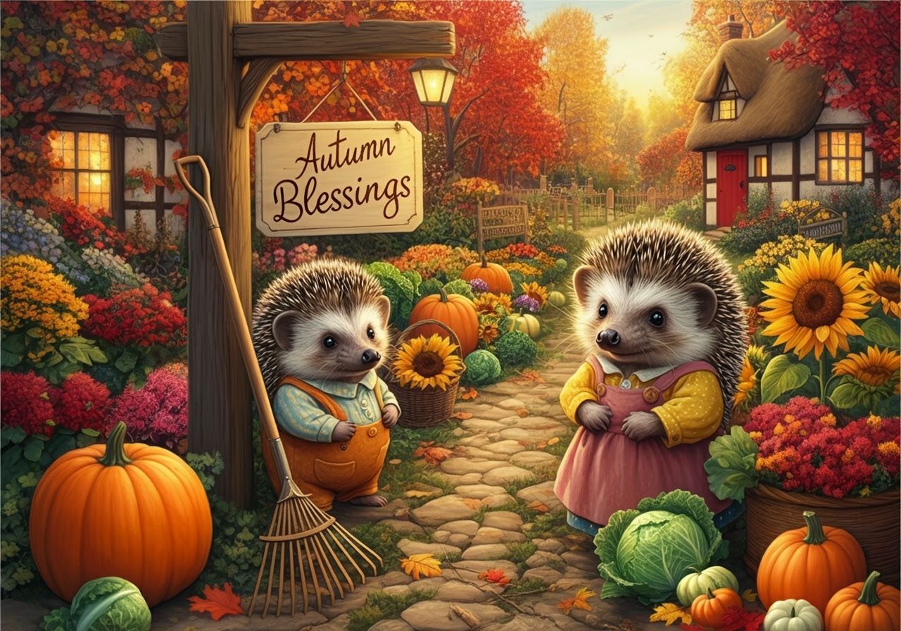 Cute Autumn Garden with Beatrix Potter Animals