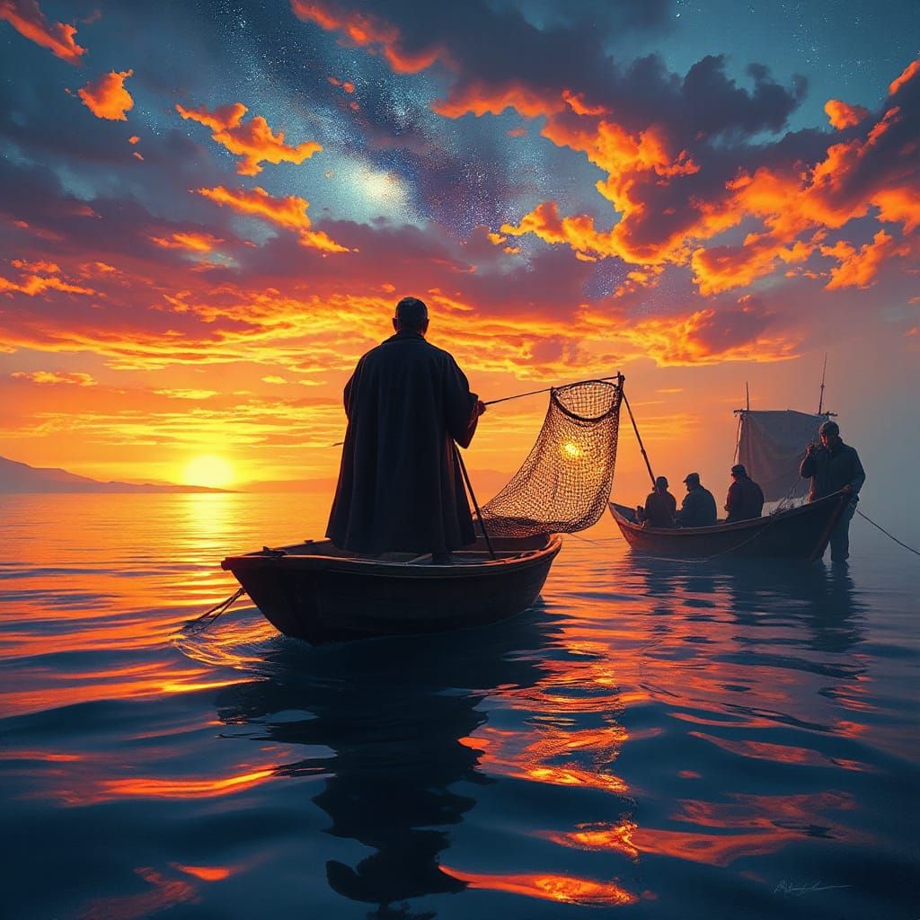 Celestial Fisherman Casting Starlight Net into Cosmic Sea