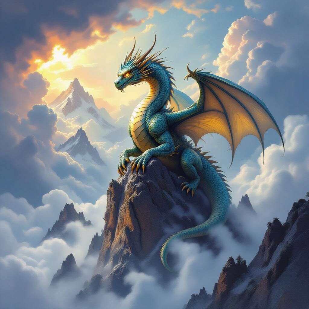 Epic Fantasy Dragon on Stormy Mountain Peak