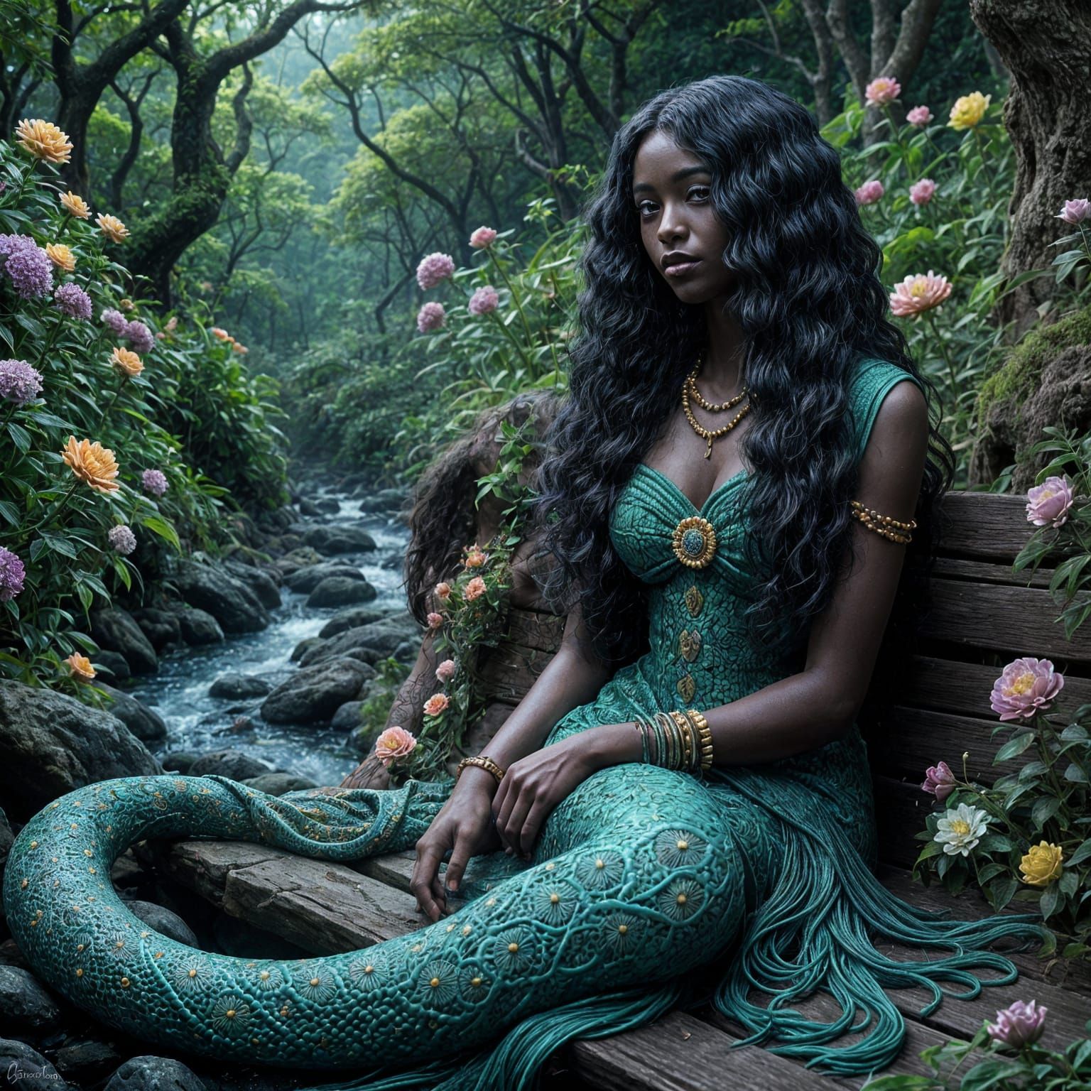 Mami Wata Goddess of Water in a Vibrant Garden Scene
