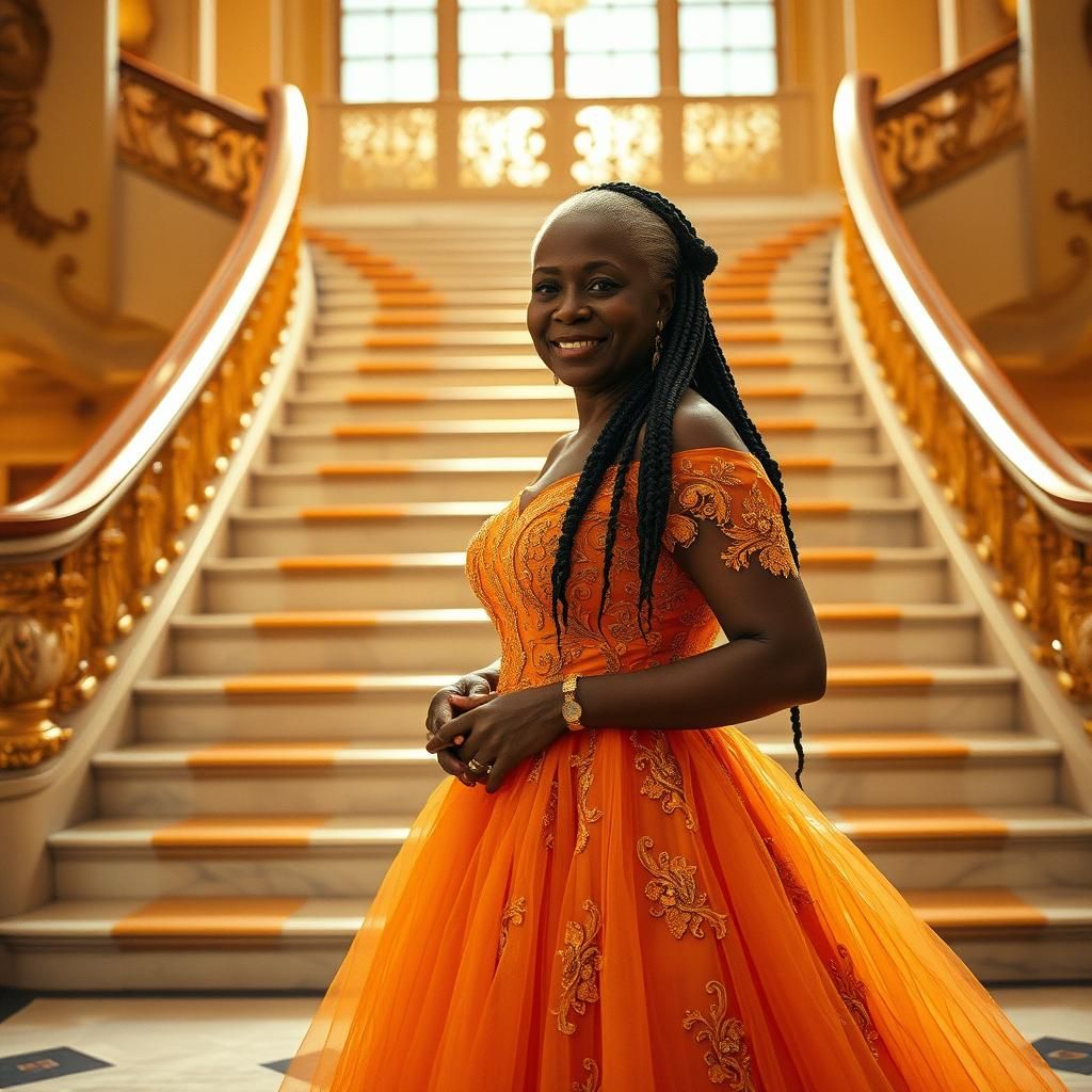 Elegant Woman in Orange Gown on Grand Staircase