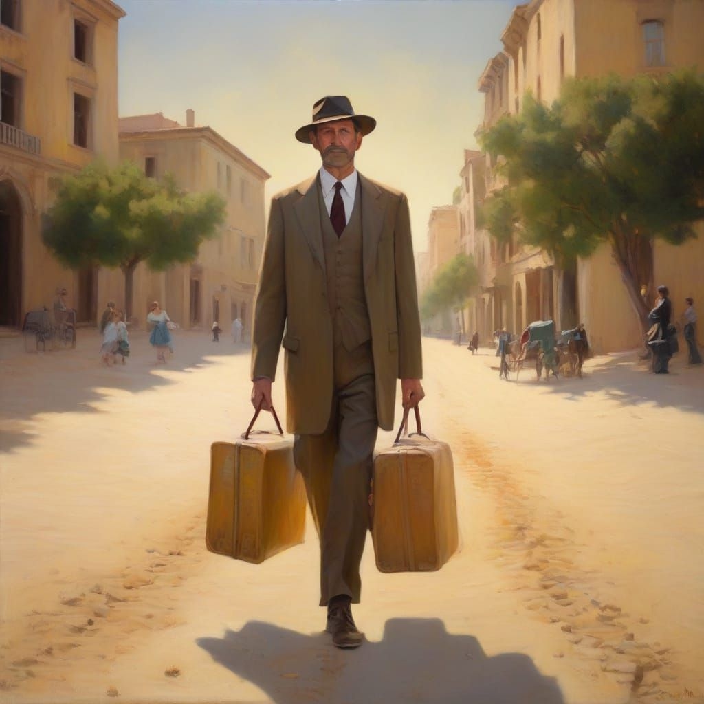 Elegant Gentleman Walks Under Vintage Newspaper Skies in the...