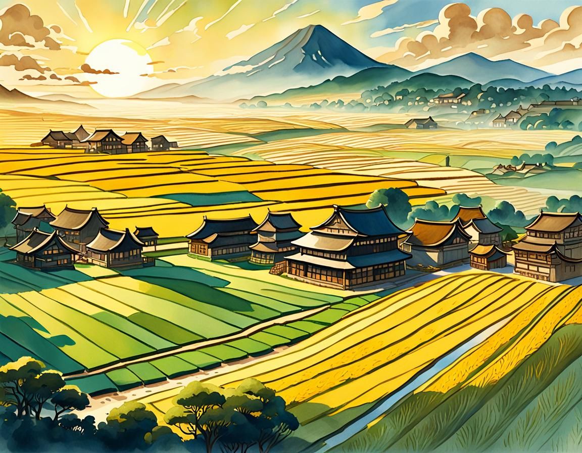 Japanese Rice Fields in Naive Watercolor Style