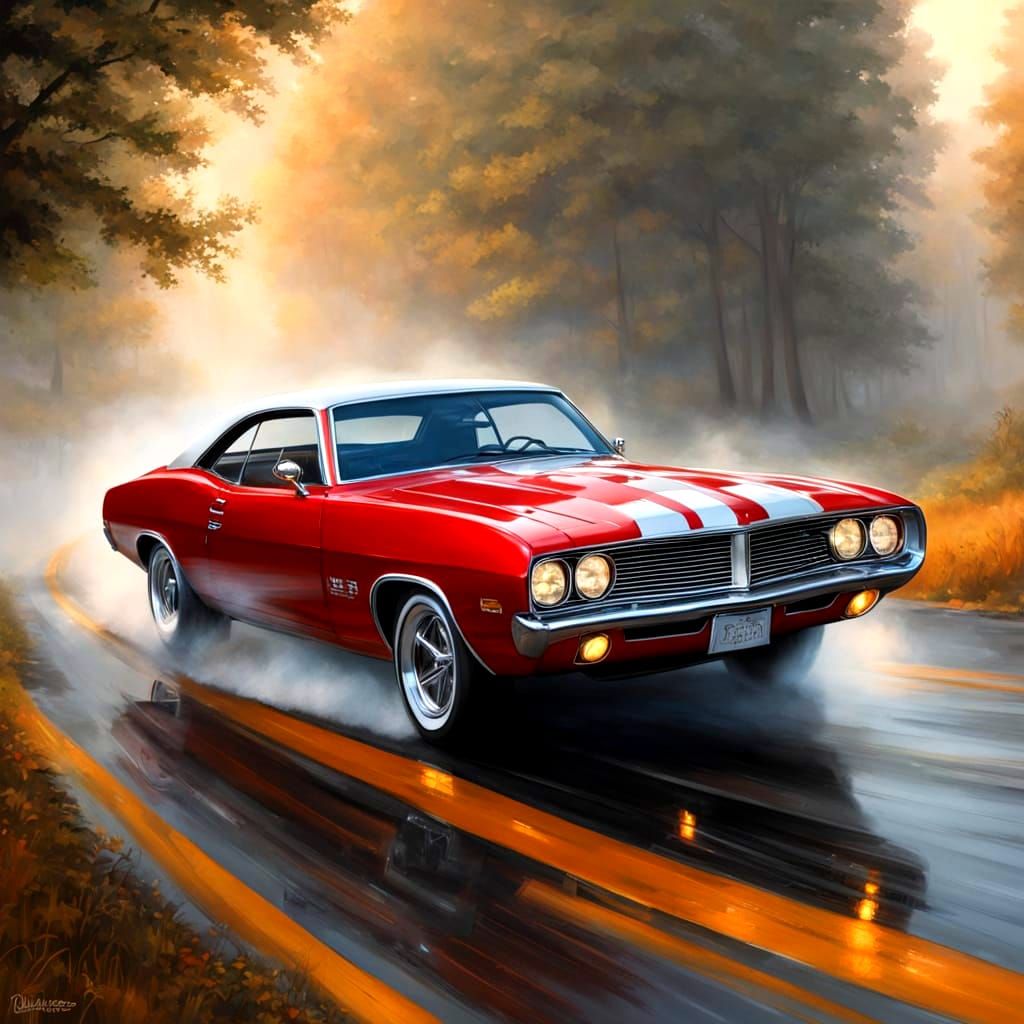 Classic Red Muscle Car in Misty Golden Hour