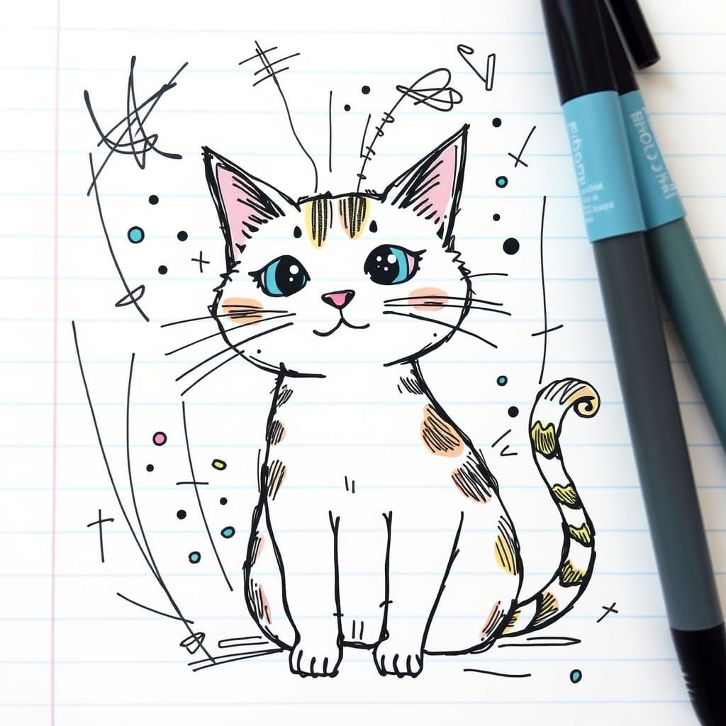Sketch of cat on line paper and doodles in biro