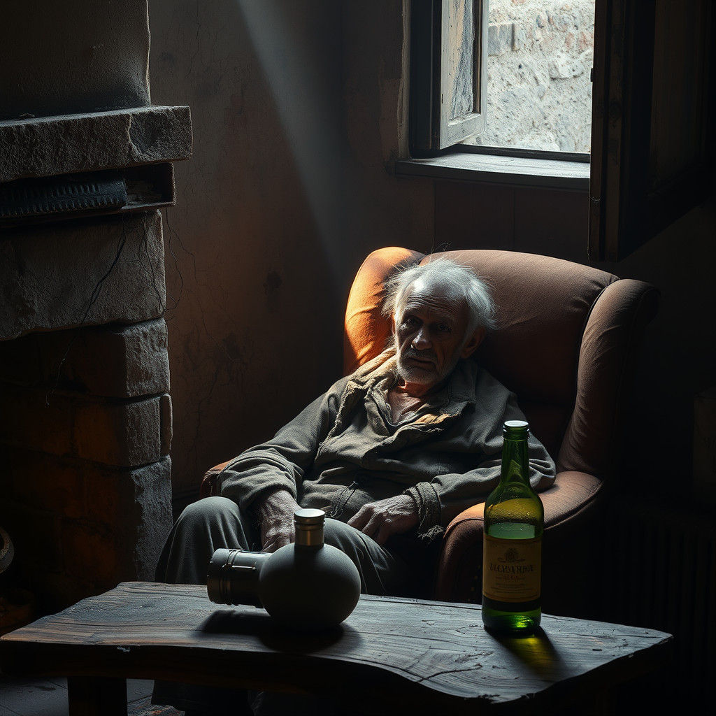 Elderly Man in Dimly Lit Room, Photorealistic Portrait