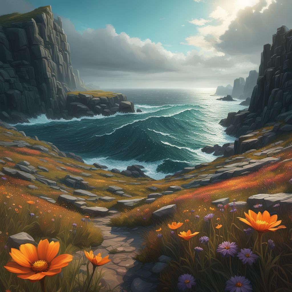 Lone Wildflower on Windswept Moor in Dramatic Lighting