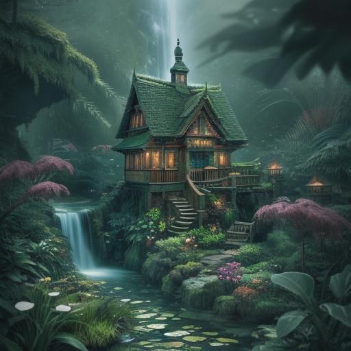 Magical Waterfall Garden with Cute Gnome Homes