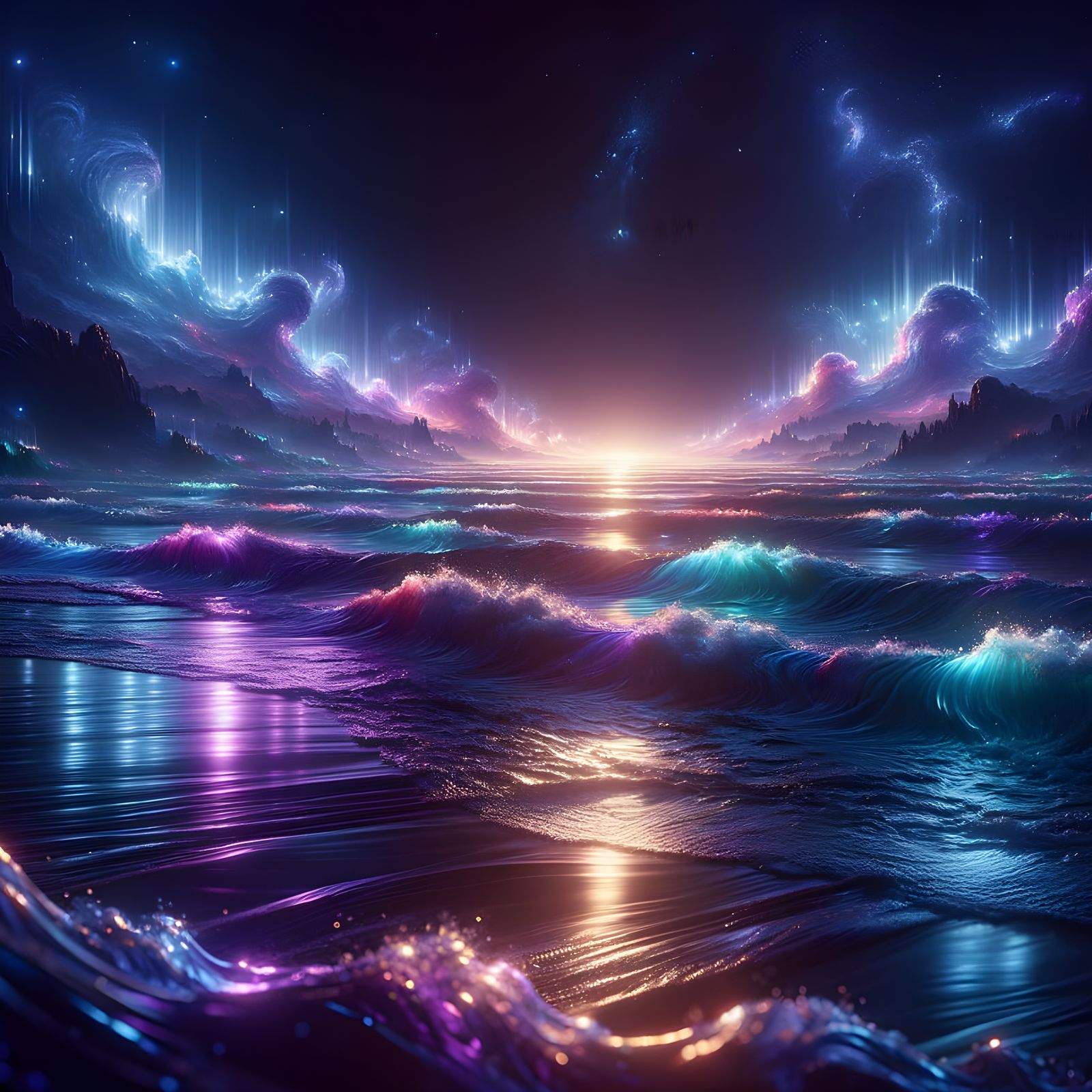 Luminescent Ocean Shore at Night in 8k